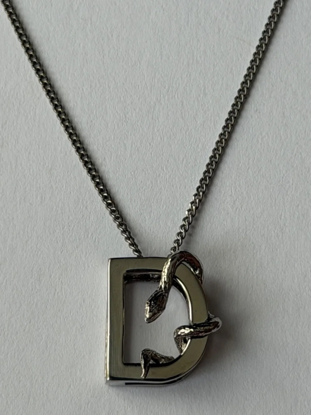 Saint Laurent YSL Sterling Silver D Initial Letter Snake Pendant Chain Necklace